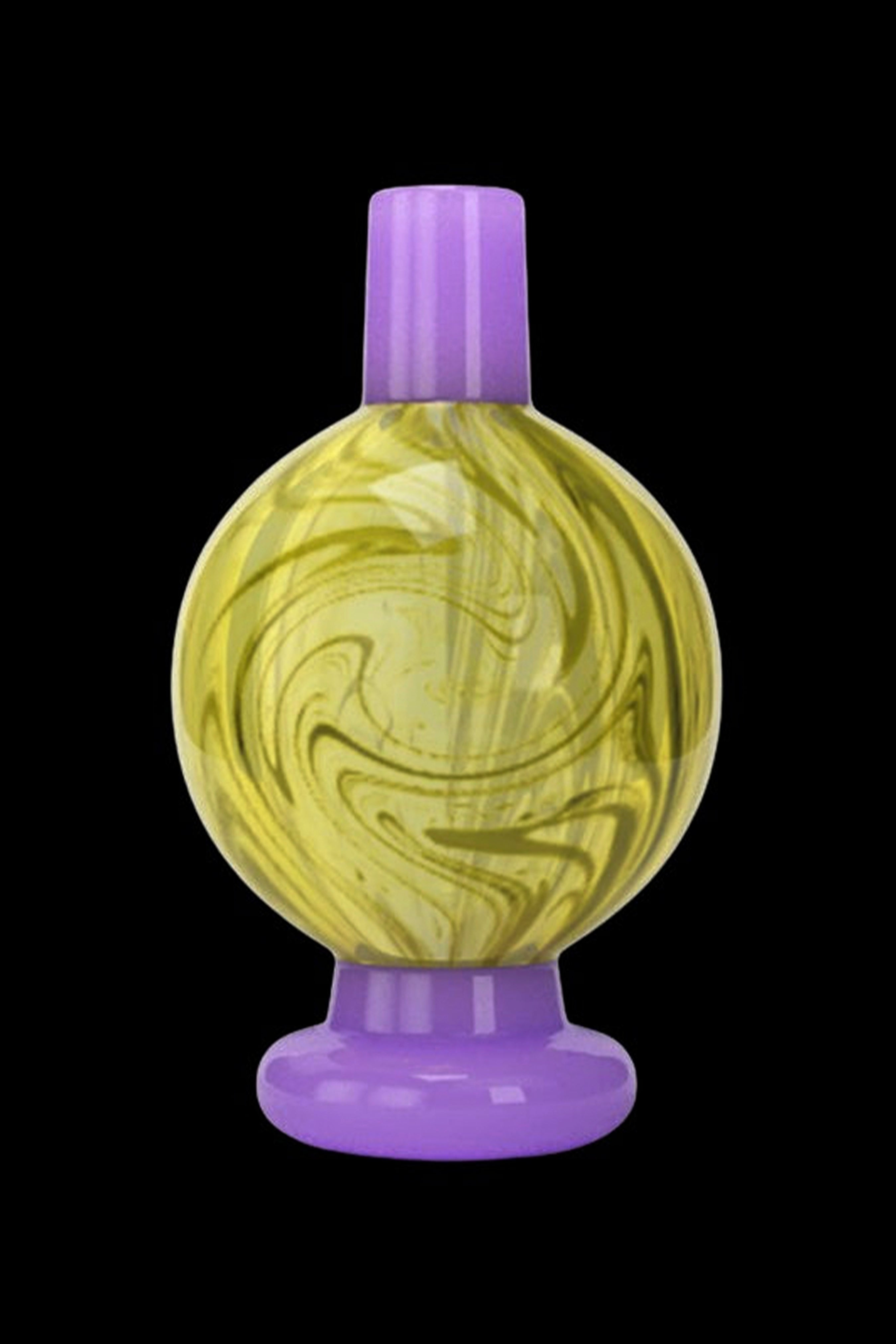 Purple and gold glass bubbler for cannabis use.