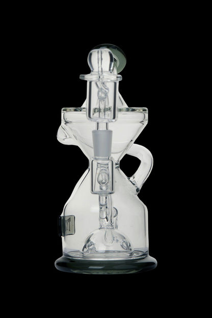 Clear glass water pipe (rig) with intricate bubbler design.