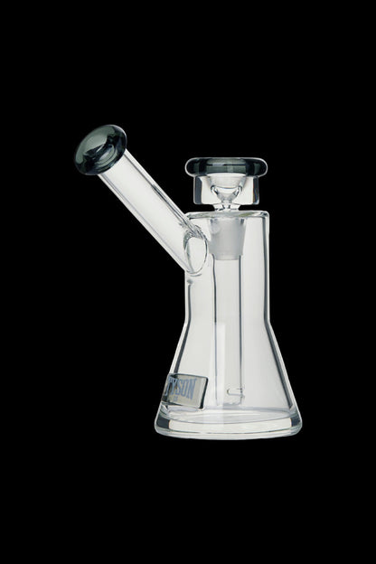 Clear glass water pipe (rig) with a flared base and angled mouthpiece.