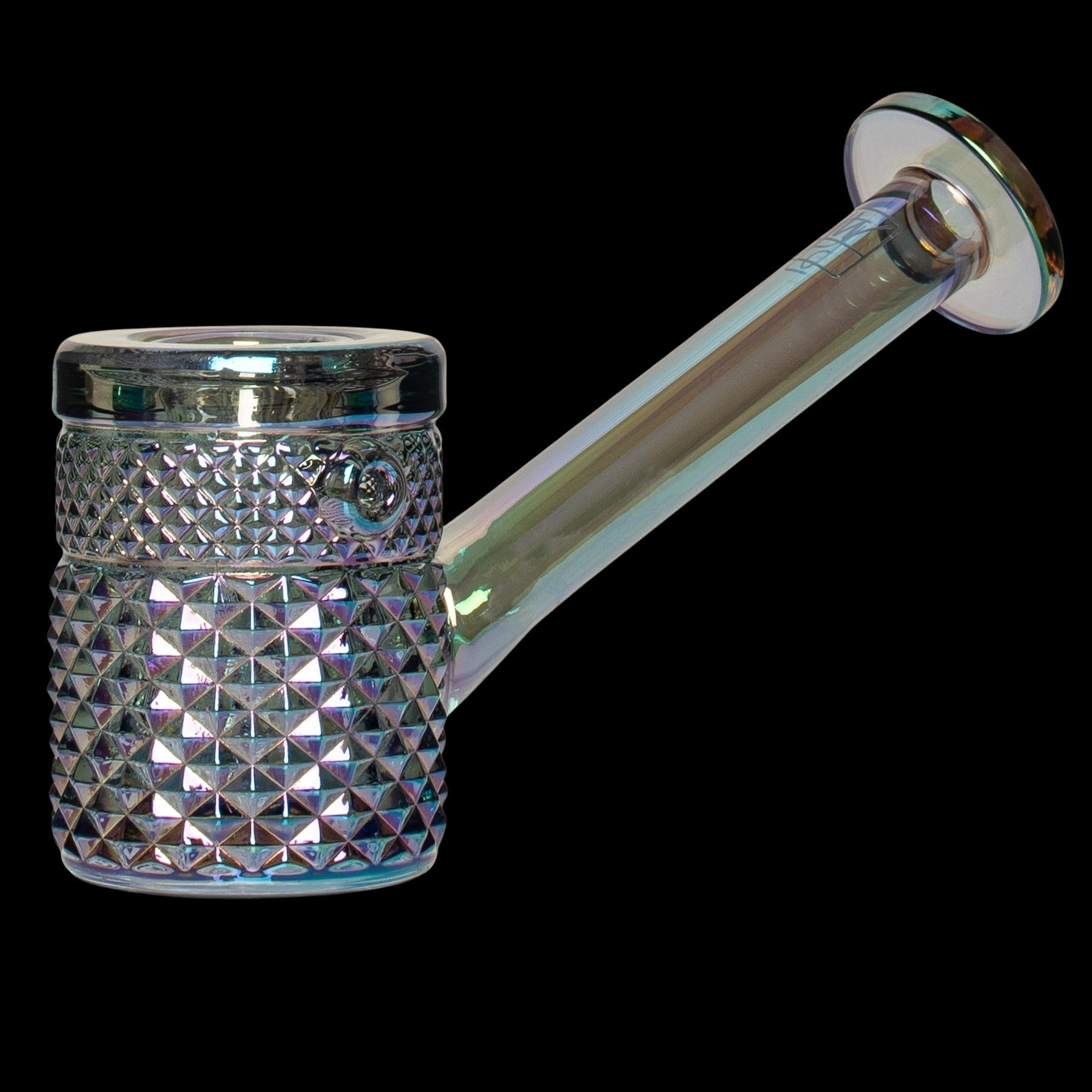 Iridescent glass water pipe with a textured body.