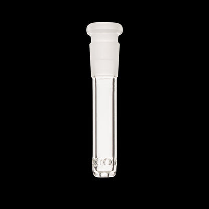 Clear glass downstem for a water pipe.