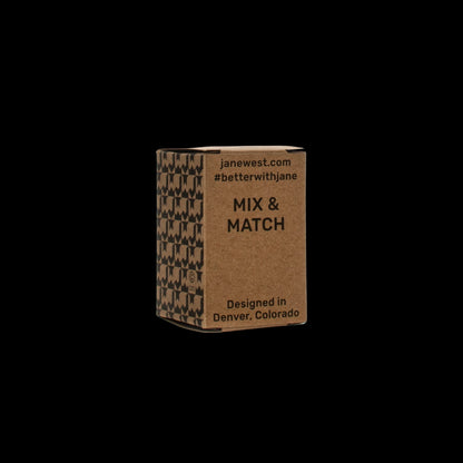Product packaging for Jane West's "Mix & Match" cannabis accessories, featuring a geometric pattern and branding details like "janewest.com" and "Designed in Denver, Colorado."