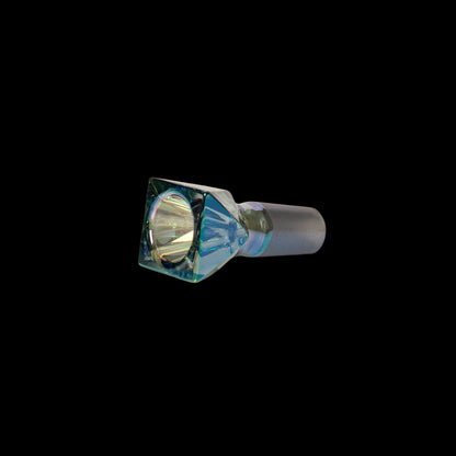 Iridescent glass smoking bowl against a black background.