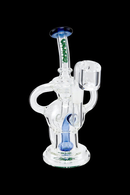 Clear glass water pipe (rig) with blue accents and the “OOZE” logo.