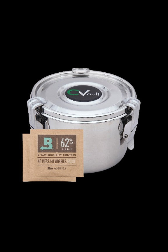 Silver cannabis storage jar with a label indicating humidity control and gram measurement.