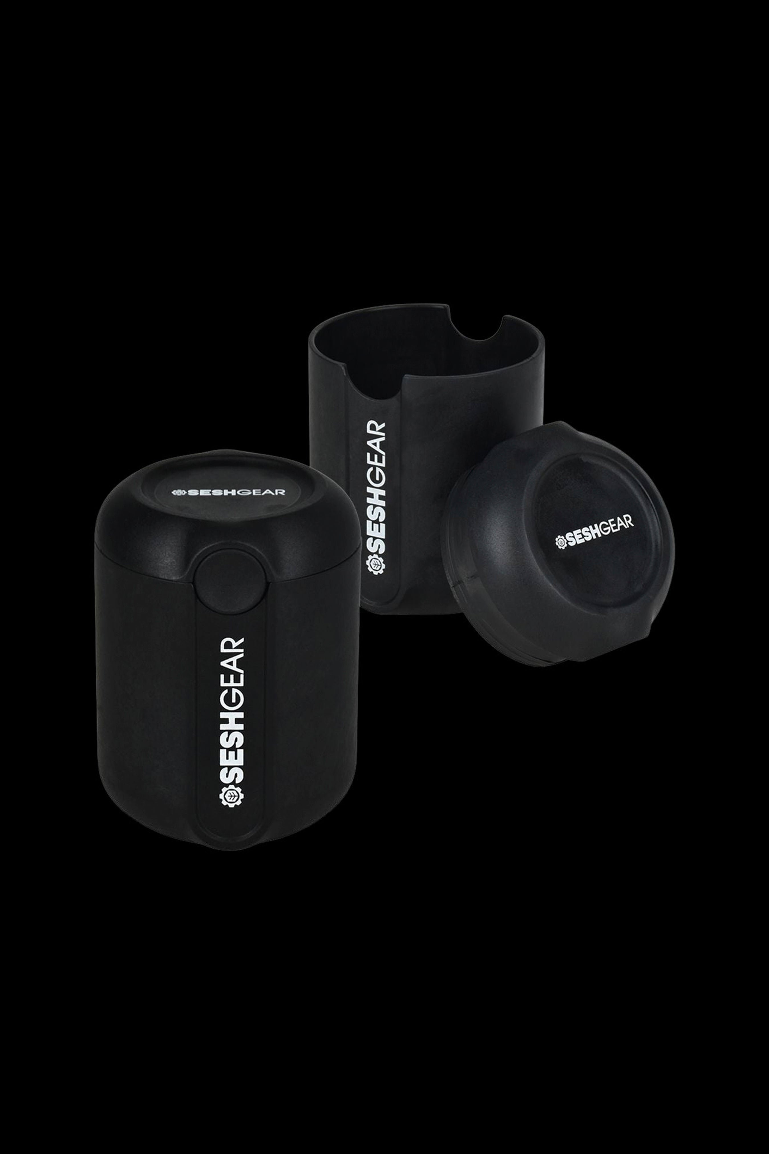 Black SesheGear carrying case for a cannabis pipe, shown open with the pipe inside.