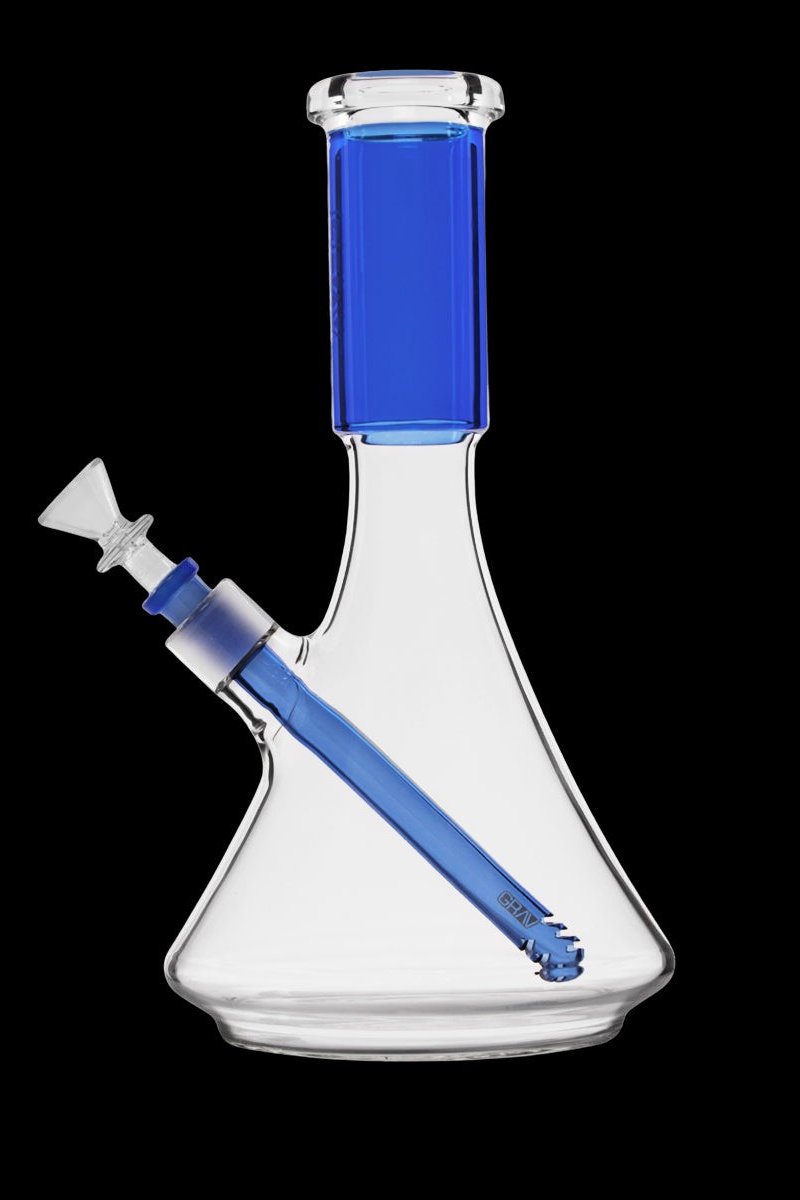 Blue and clear glass bong with a downstem.