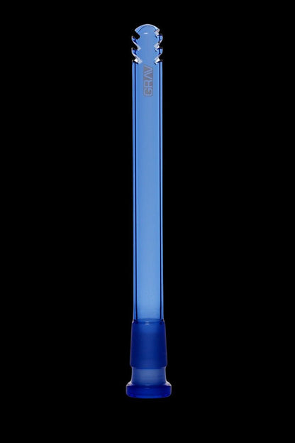 Blue glass chillum with a flared mouthpiece and brand logo.