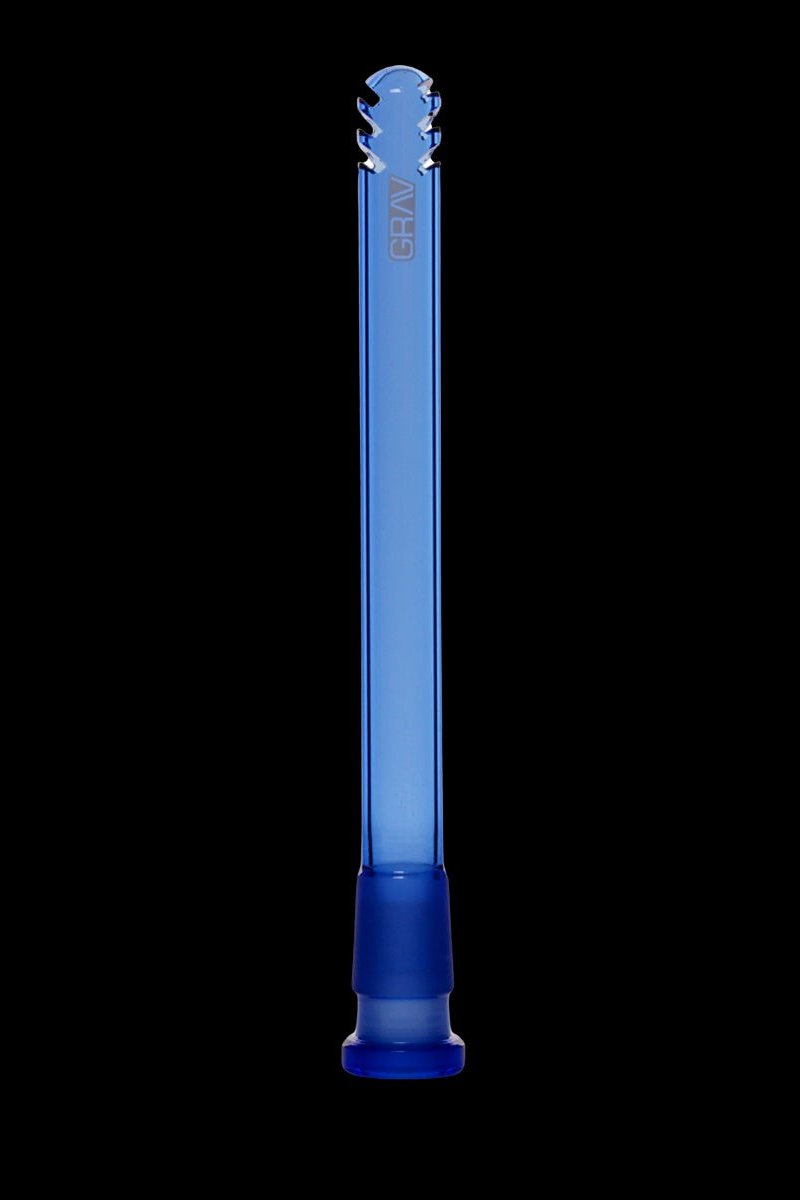 Blue glass chillum with a flared mouthpiece and brand logo.