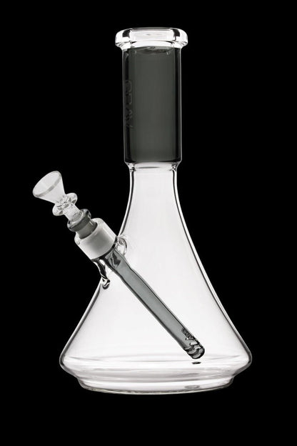 Clear glass bong with a downstem and bowl, isolated on a black background.