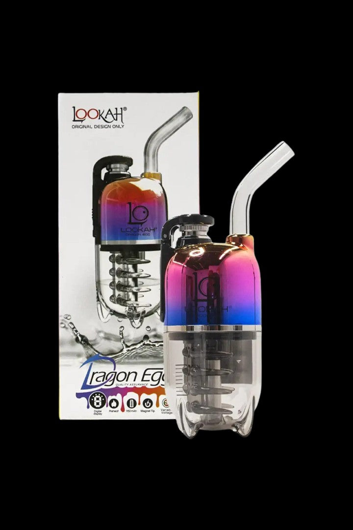 A product shot of a Lookah Dragon Egg cannabis dab rig with a purple and pink gradient, displayed in its packaging.