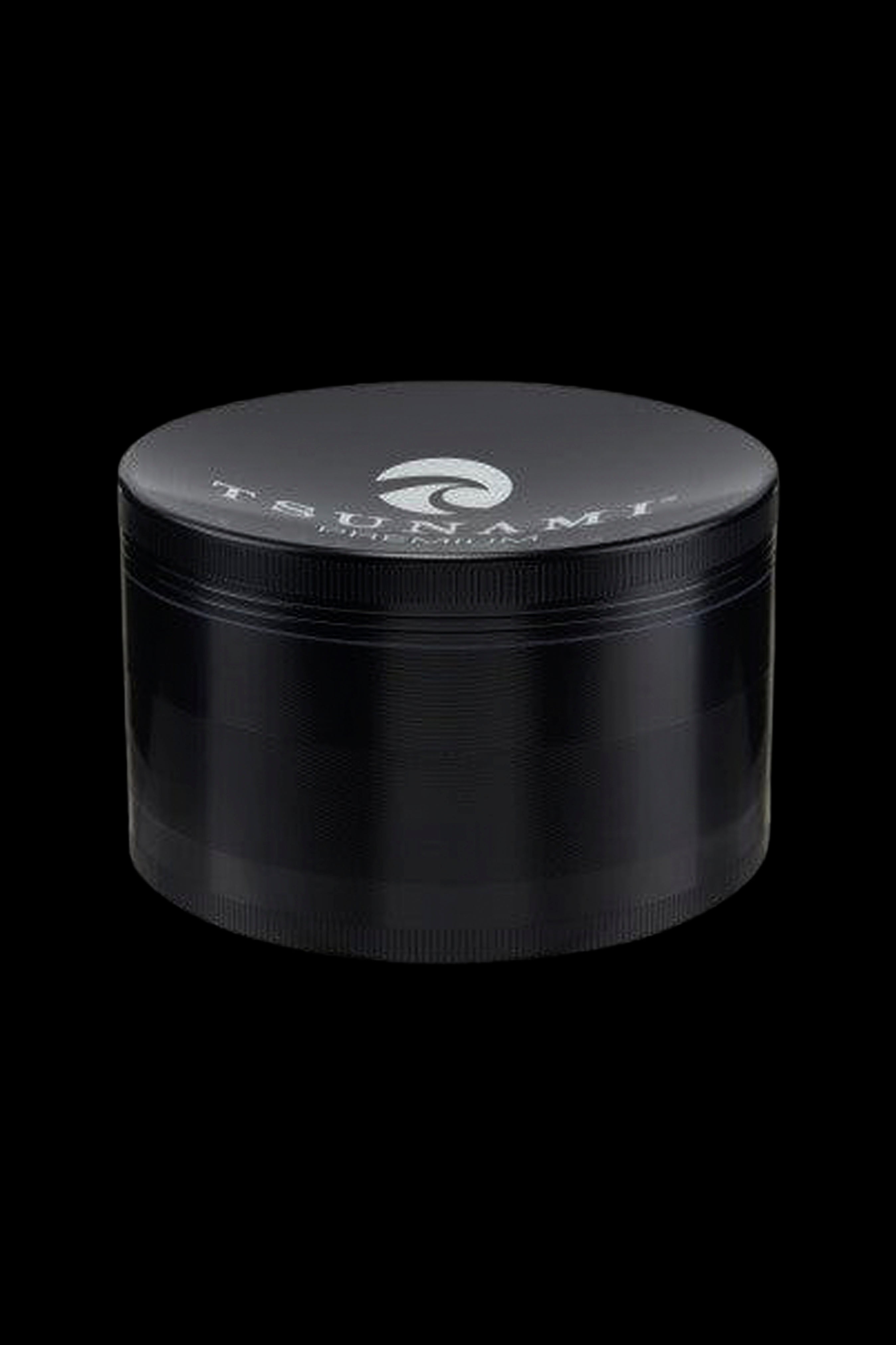 Black four-piece cannabis grinder with branded logo.