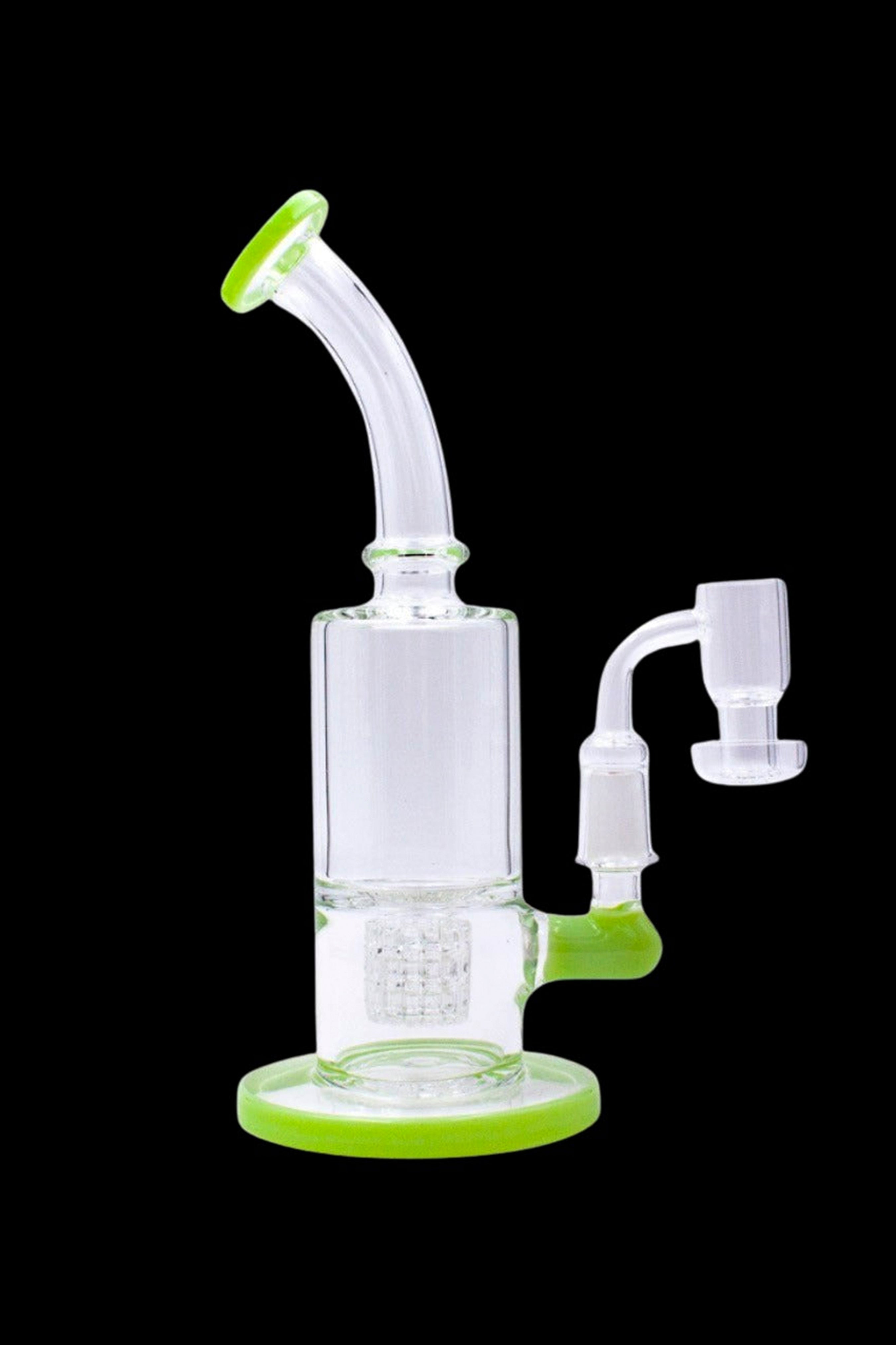 Green and clear glass bubbler water pipe for cannabis use.