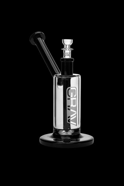 Black glass water pipe with “GRAV” branding.