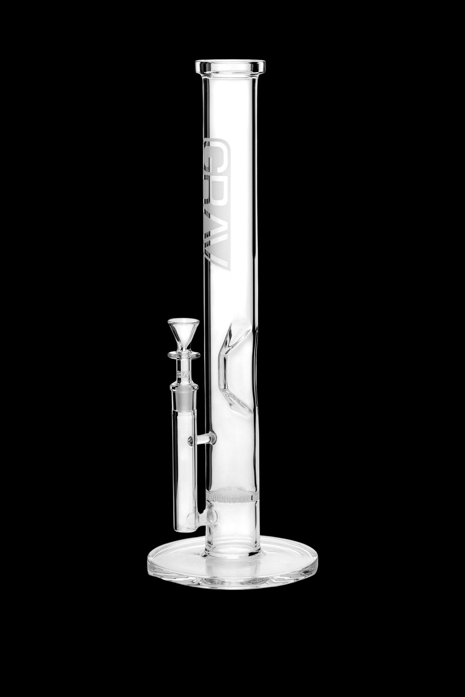 Clear glass bong with ice catcher and branded text.