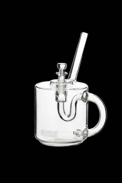 Clear glass bubbler with a handle and mouthpiece, used for smoking cannabis.