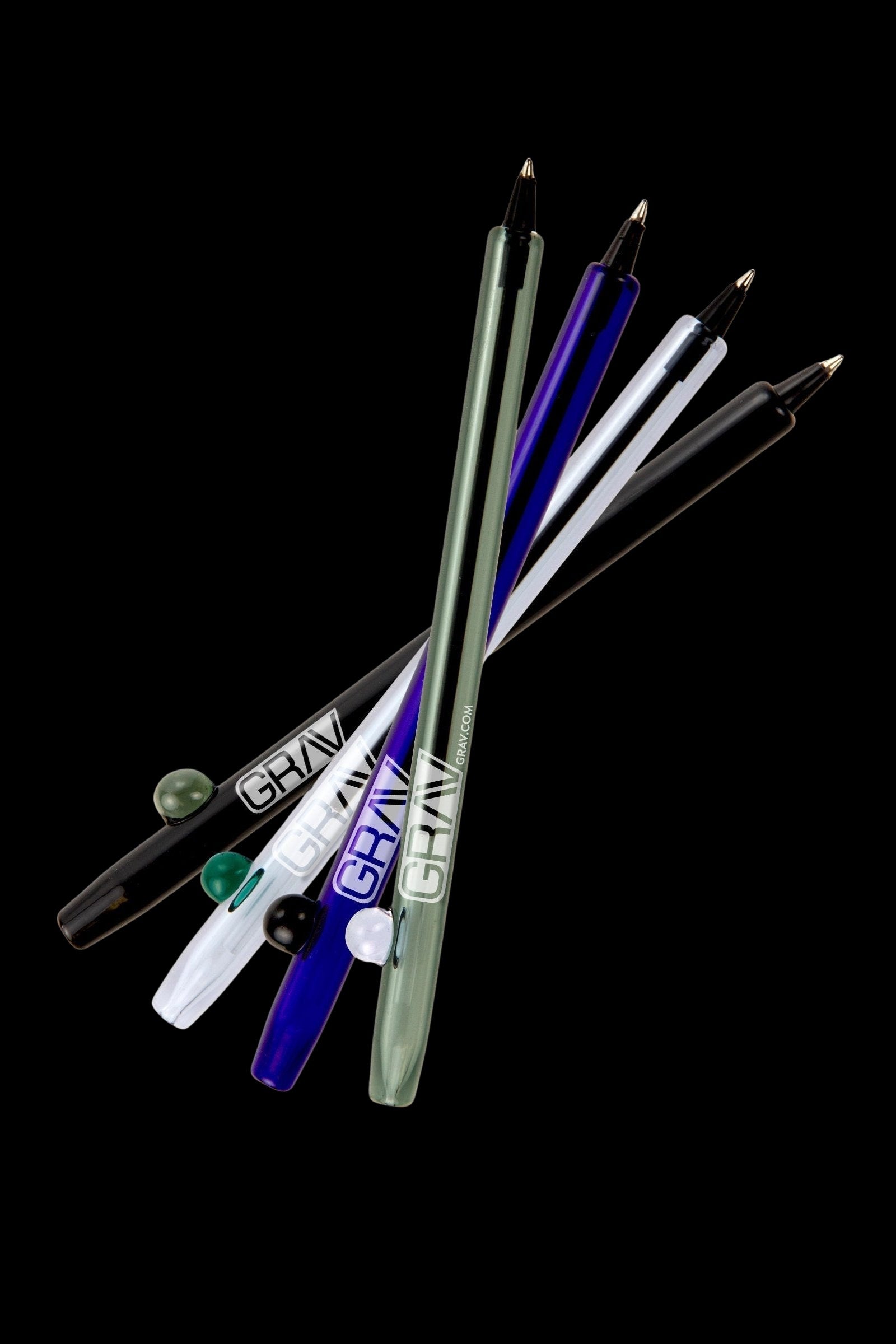 A collection of colorful, glass GRAV smoking pipes against a black background.