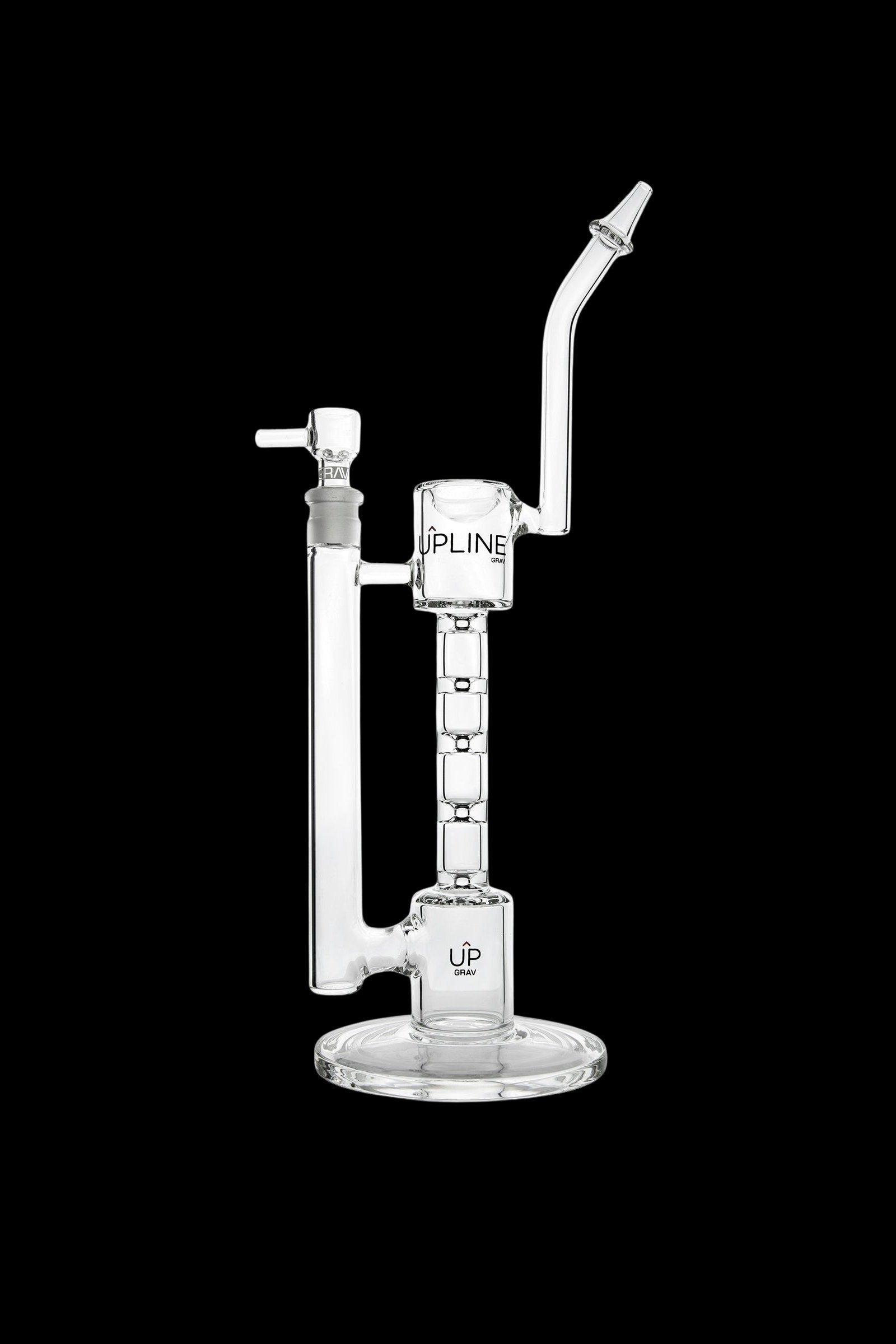 Clear glass water pipe (rig) with multiple percolation chambers and a curved mouthpiece, branded "UP Grav".