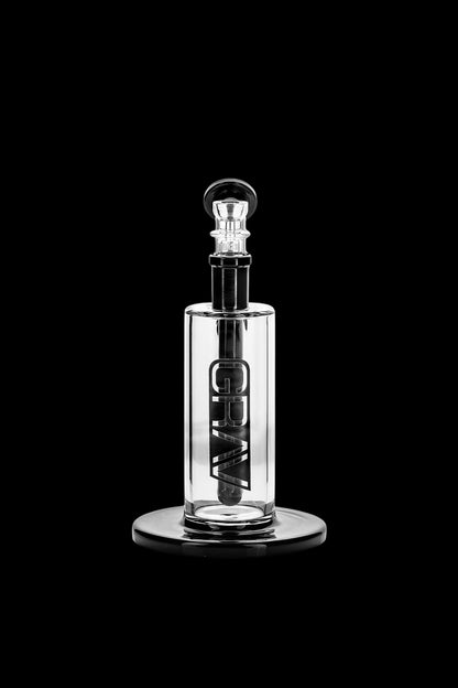 Clear glass oil rig with “GRAV” text vertically etched on the body, isolated on a black background.