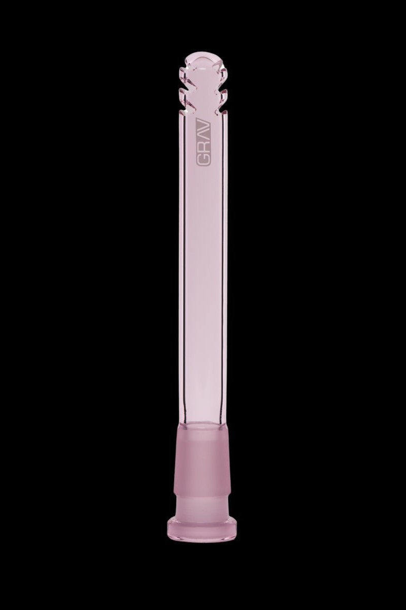 Pink glass bubbler with textured shaft and spherical mouthpiece.