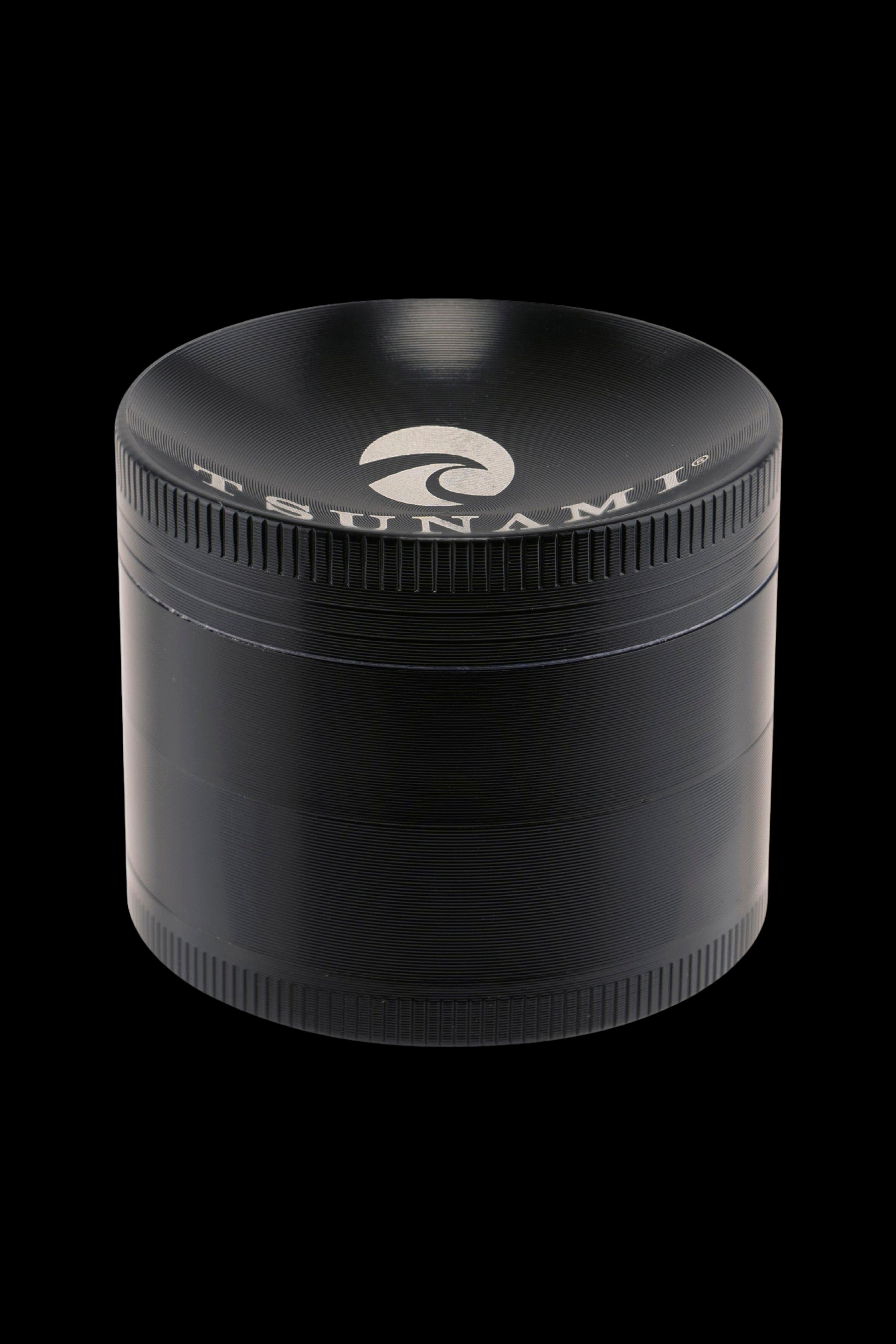 Black metal cannabis grinder with a wave logo on the lid.