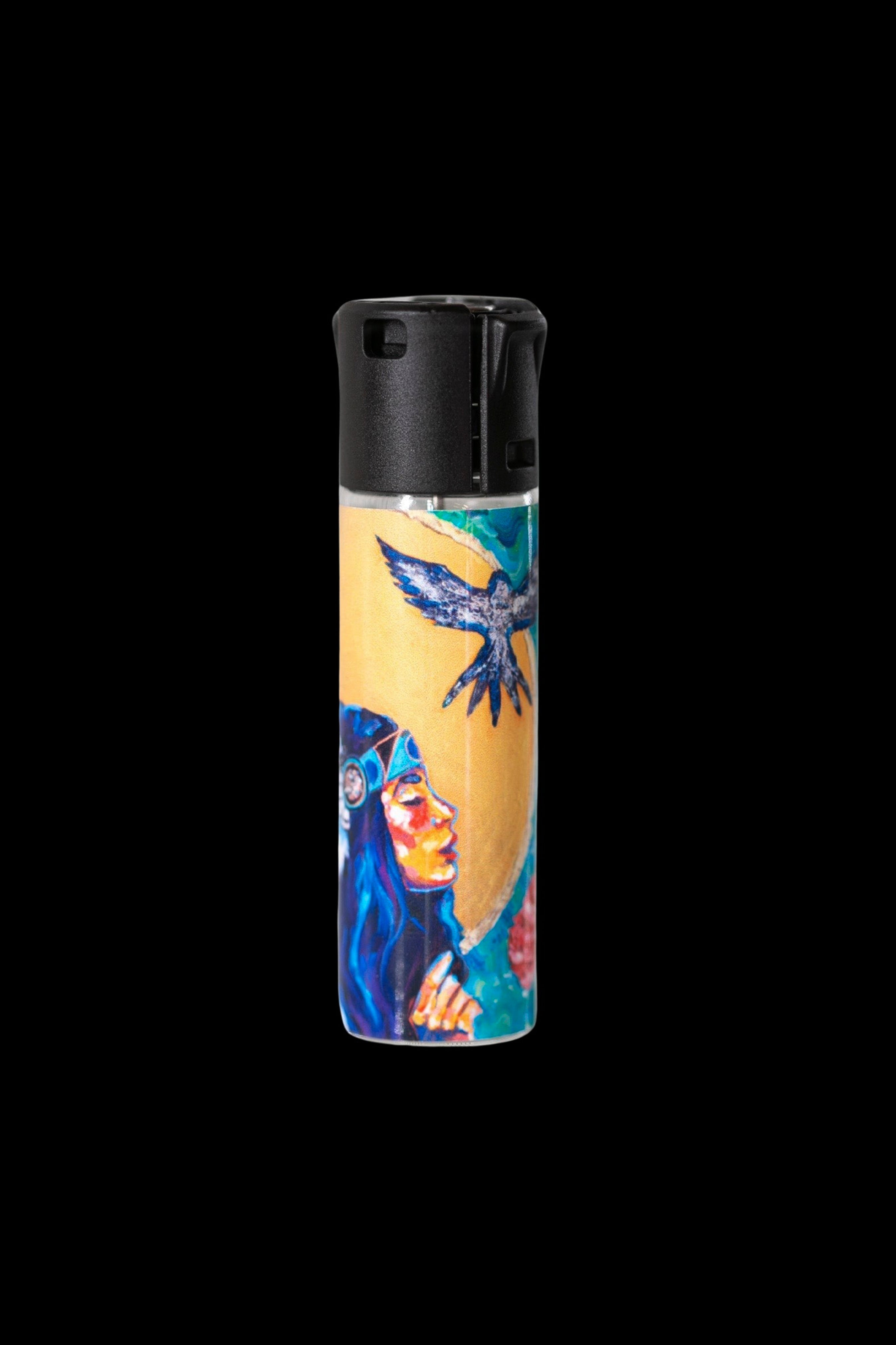Lighter decorated with colorful artwork of a woman and bird.