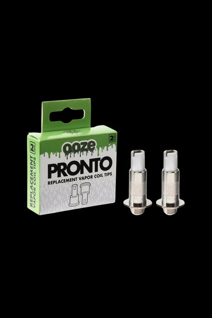 Ooze Pronto replacement vapor coil tips in packaging with two coils displayed.