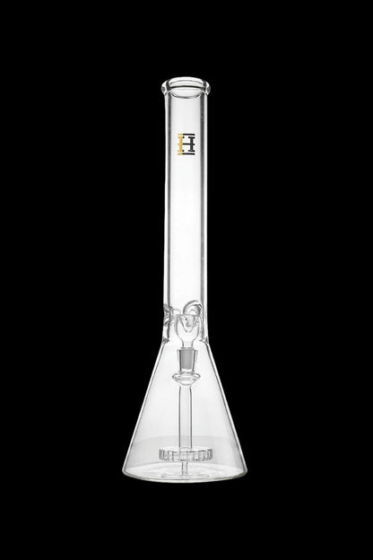 Clear glass bong with ice catch and angled mouthpiece.