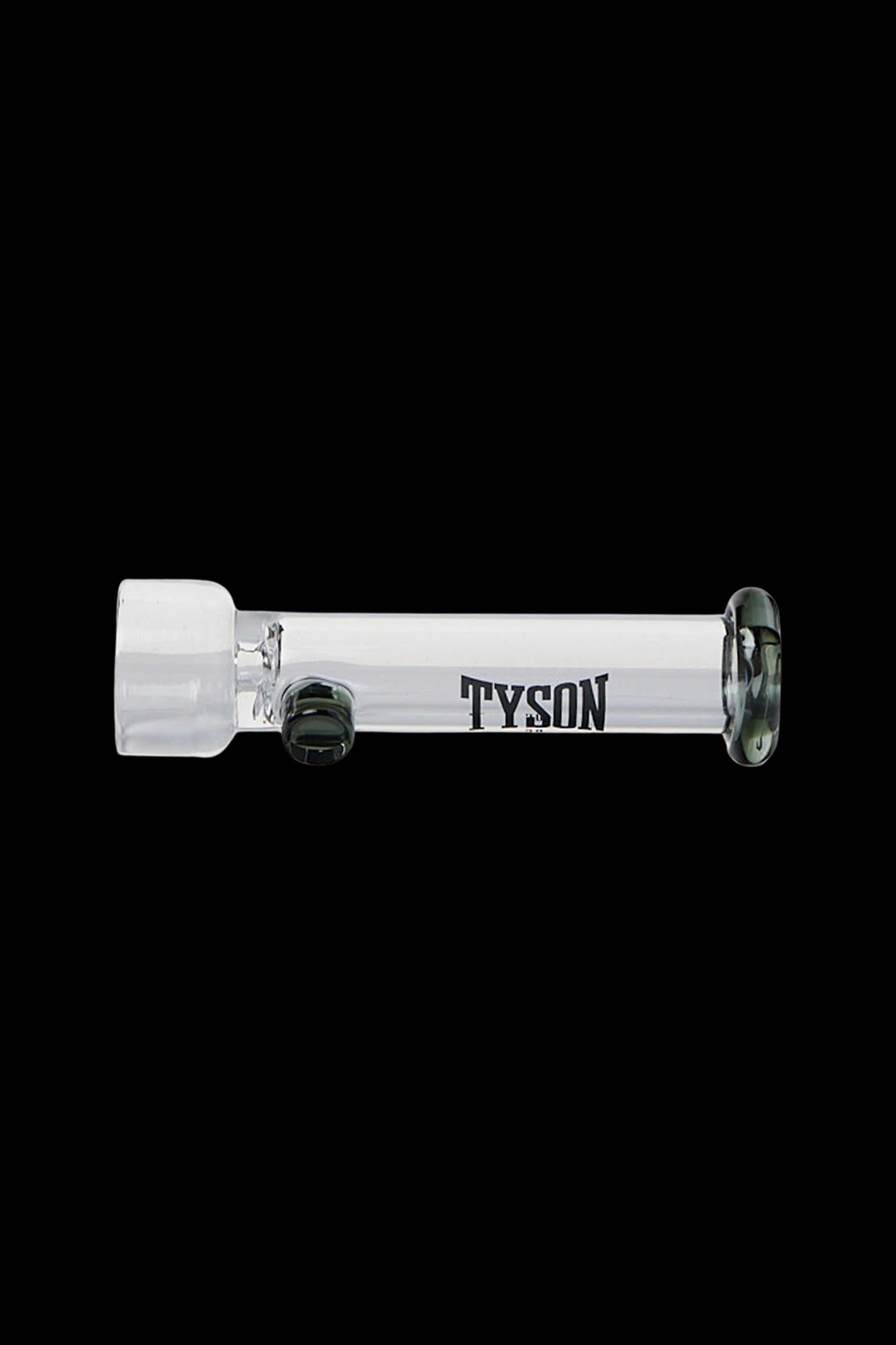 Clear glass cannabis oil burner pipe with “TYSON” printed on the side.