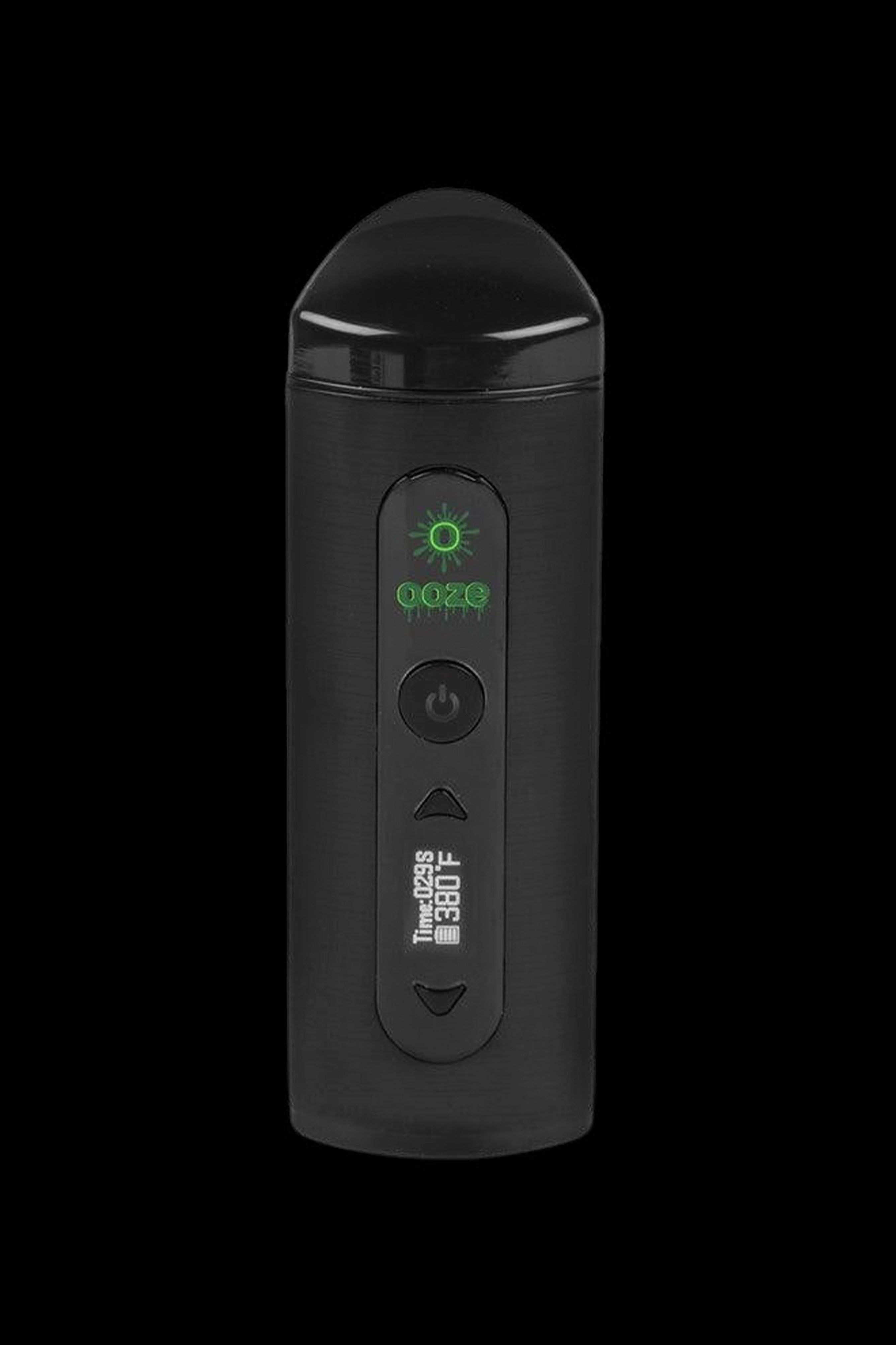 Black Ooze vaporizer pen with digital display showing time and temperature.