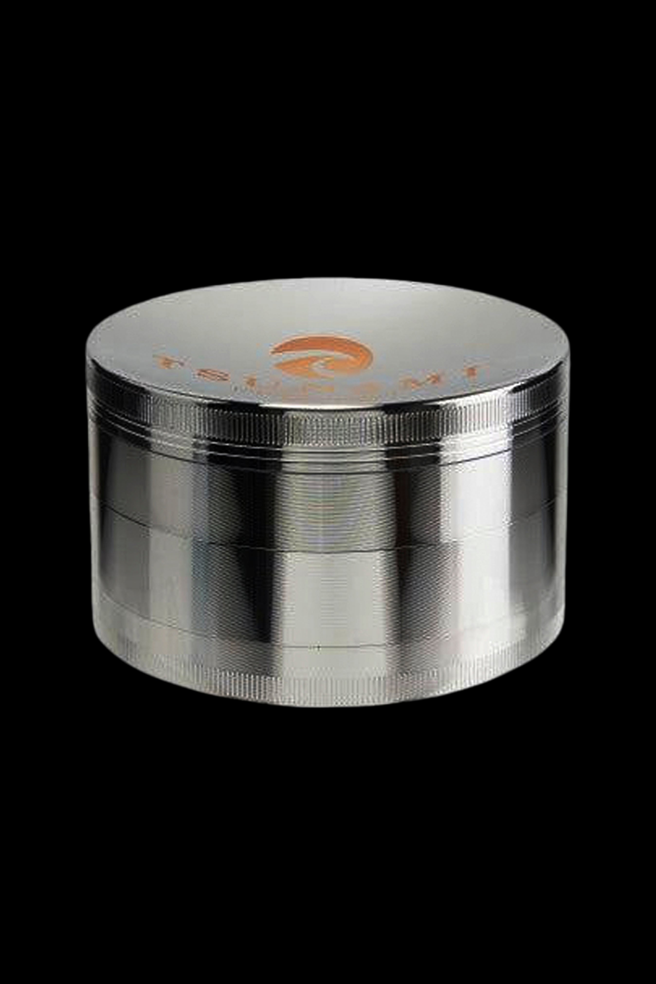 Silver four-layer cannabis grinder with orange logo.