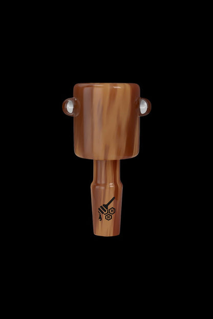 Amber glass bubbler with etched logo.