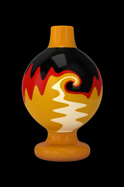 Orange and black glass bubbler with flame design.