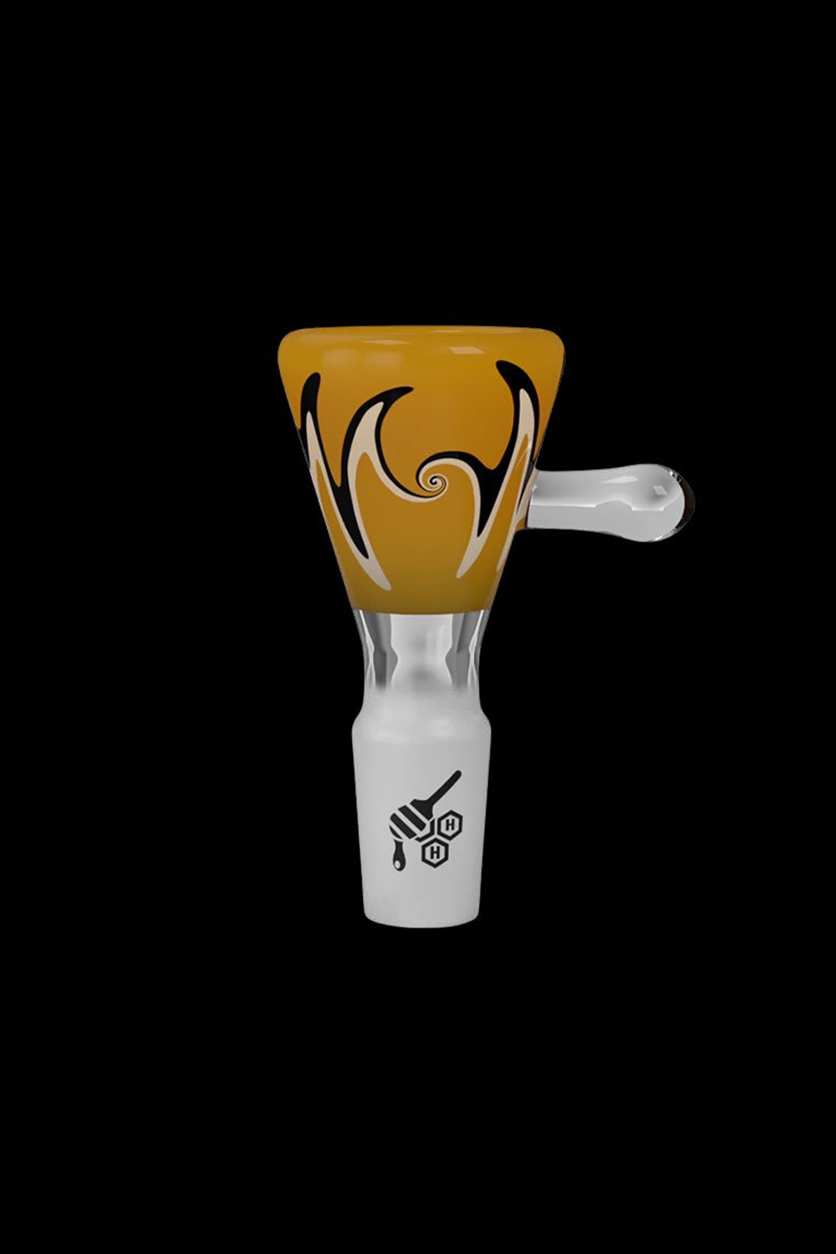 Glass cannabis bowl with amber and black swirl design.