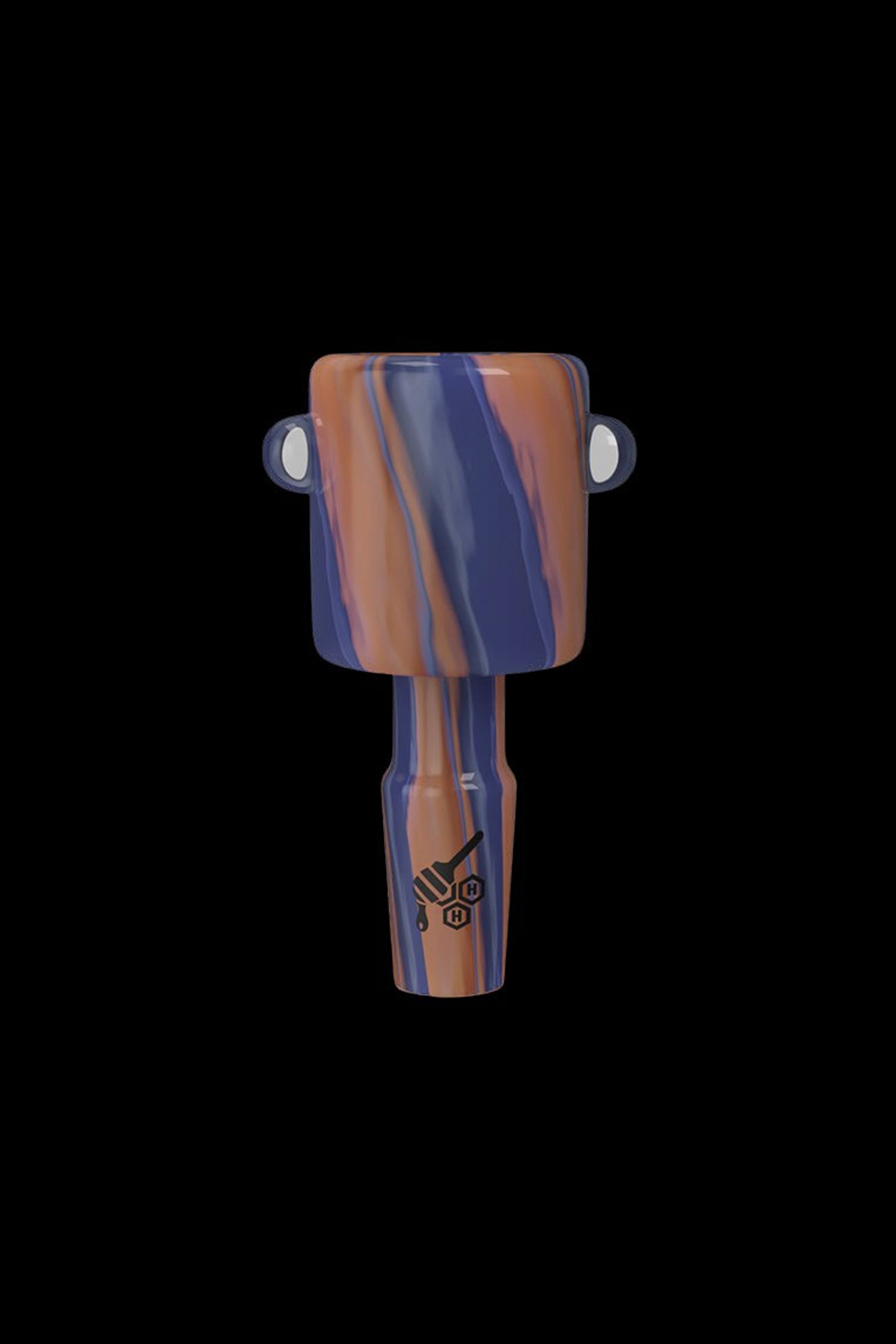 Orange and blue glass cannabis bowl with a graphic logo.