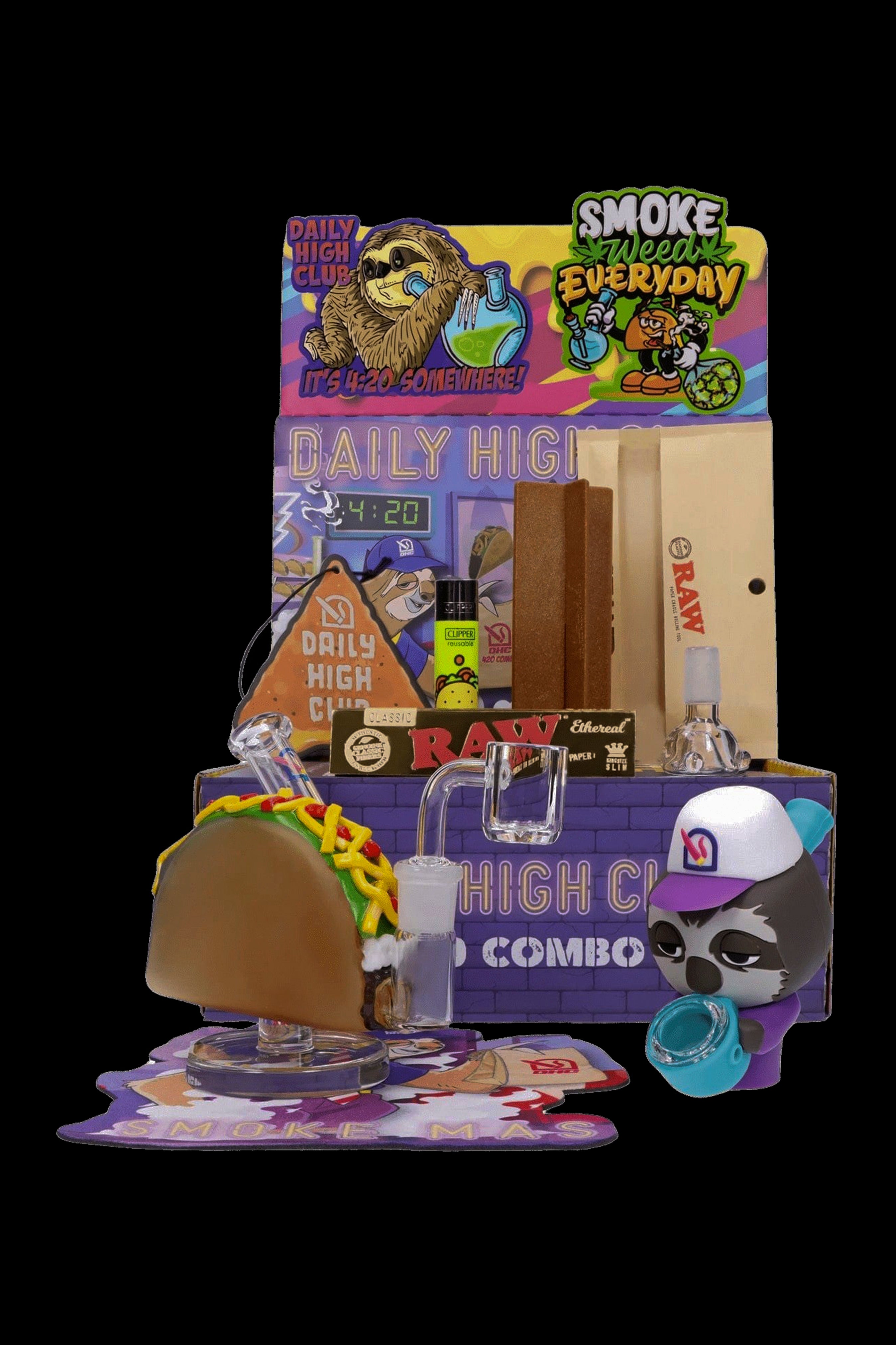 A brightly colored, cartoonish illustration of a fast-food-style combo meal featuring cannabis accessories like rolling papers, a grinder, and a glass pipe instead of traditional food items. The "meal" is branded "Daily High Club."