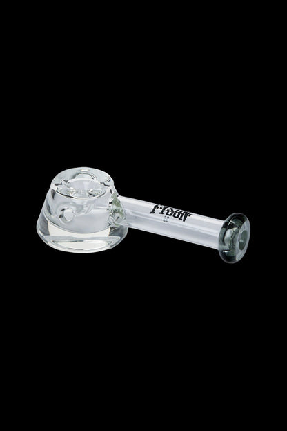 Clear glass bubbler pipe with "FOGN" branding.