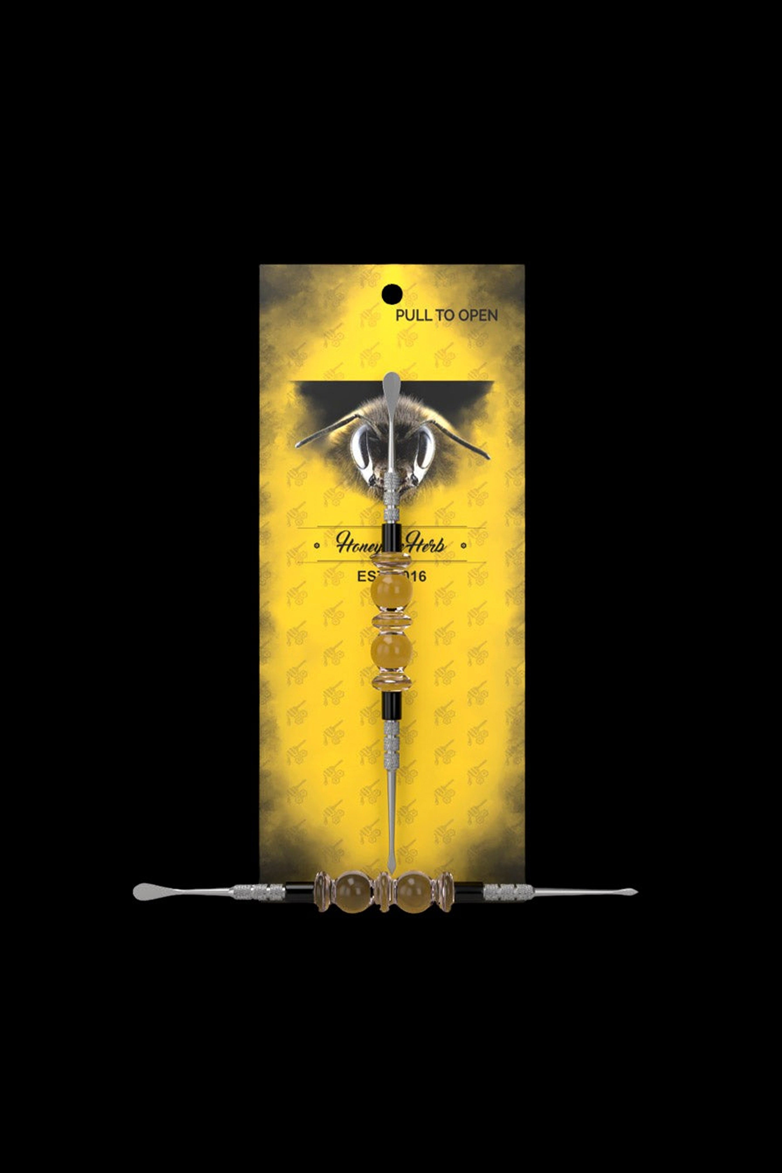 Yellow packaging for “Honey Herbs” cannabis accessory displays a glass oil burner pipe with a honeybee illustration.