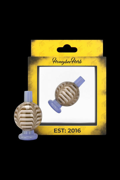 Glass cannabis water pipe attachment resembling a beehive, packaged with branding for HoneybeeHerbs, est. 2016.