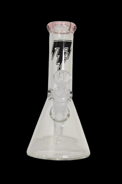 Clear glass beaker bong with black lightning bolt design.