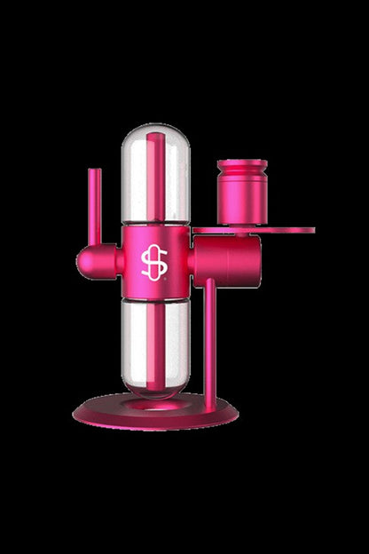 Pink glass cannabis water pipe with a unique cylindrical design and a dollar sign logo.