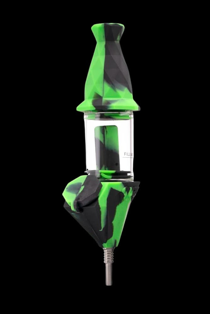 Green and black silicone oil rig with glass chamber.