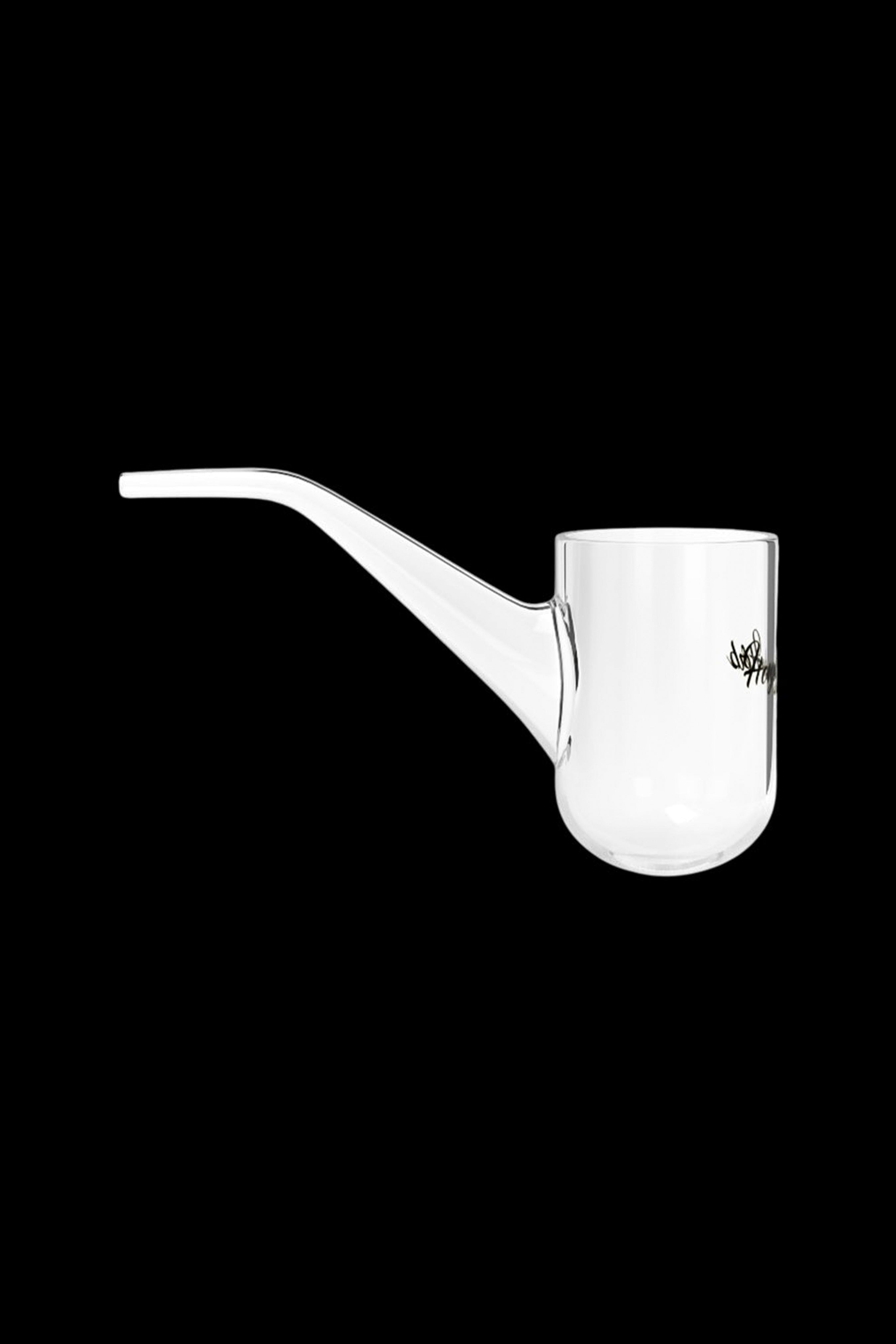 Clear glass oil rig with a rounded base and long mouthpiece, featuring a small branded logo.