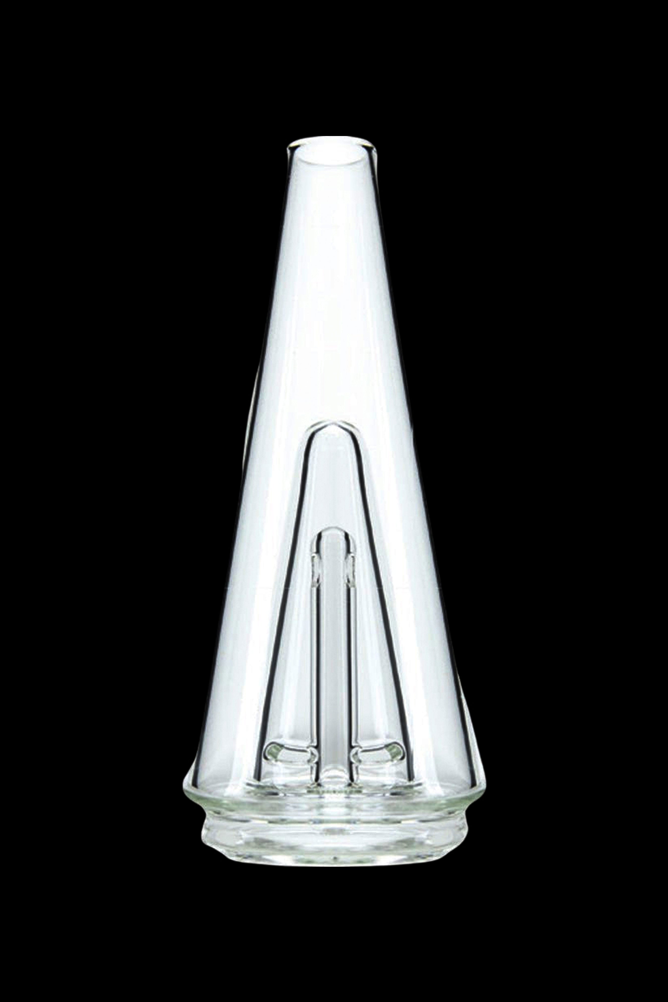 Clear glass cone-shaped rig with dual percolators for smoking cannabis.