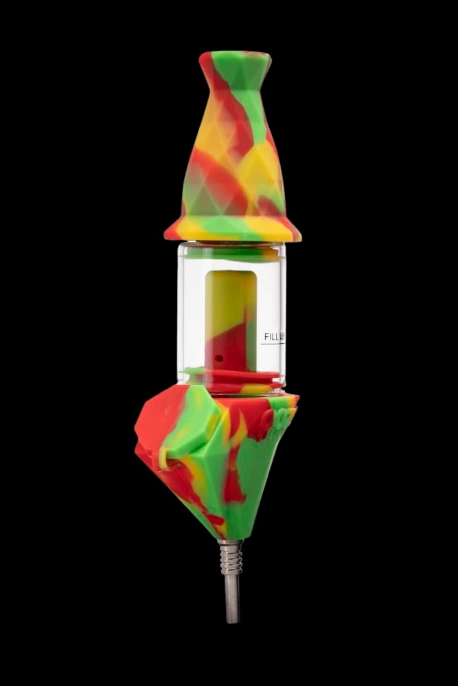 Silicone oil rig with clear glass chamber and metal coil.