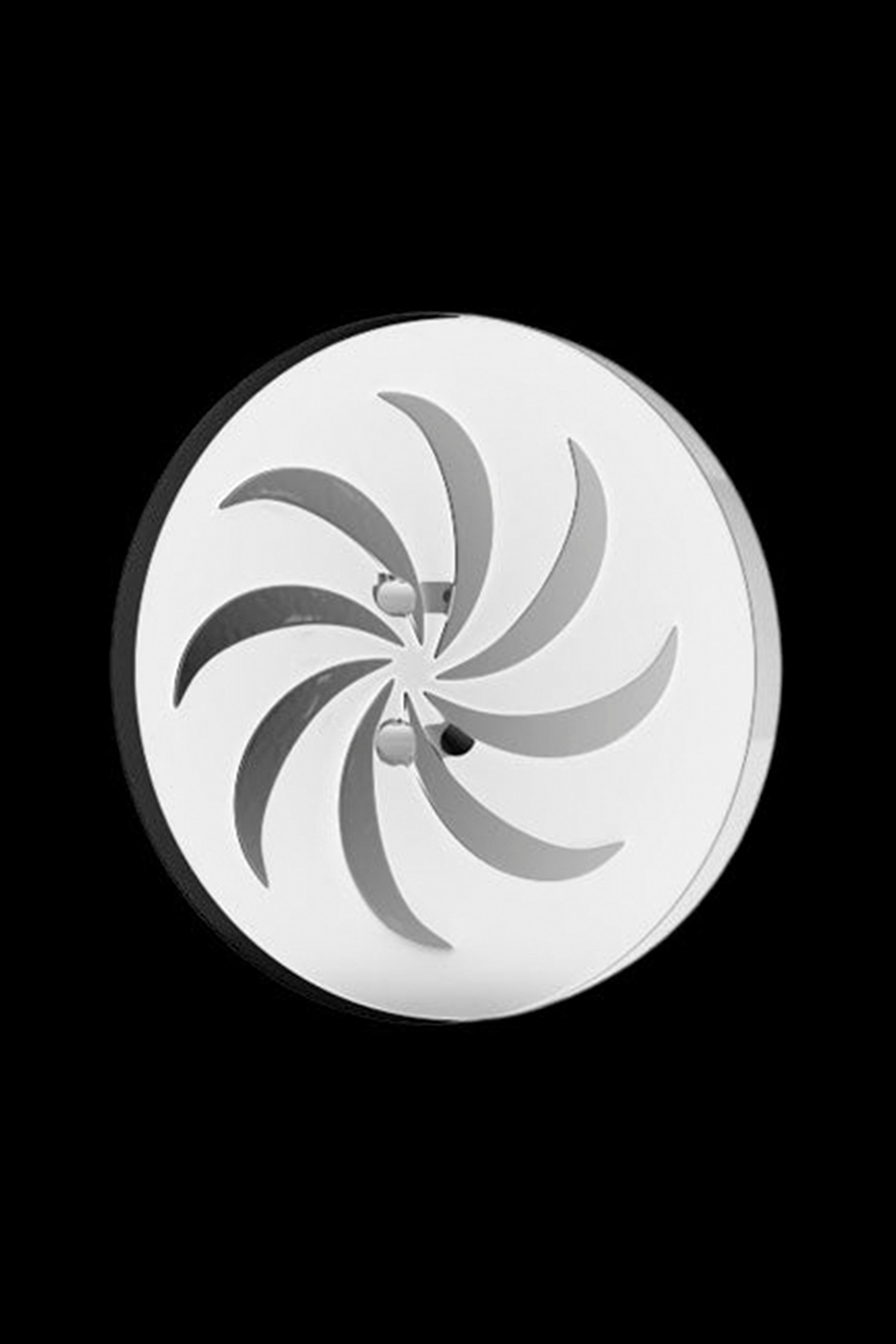 Silver cannabis grinder with a circular, patterned top.