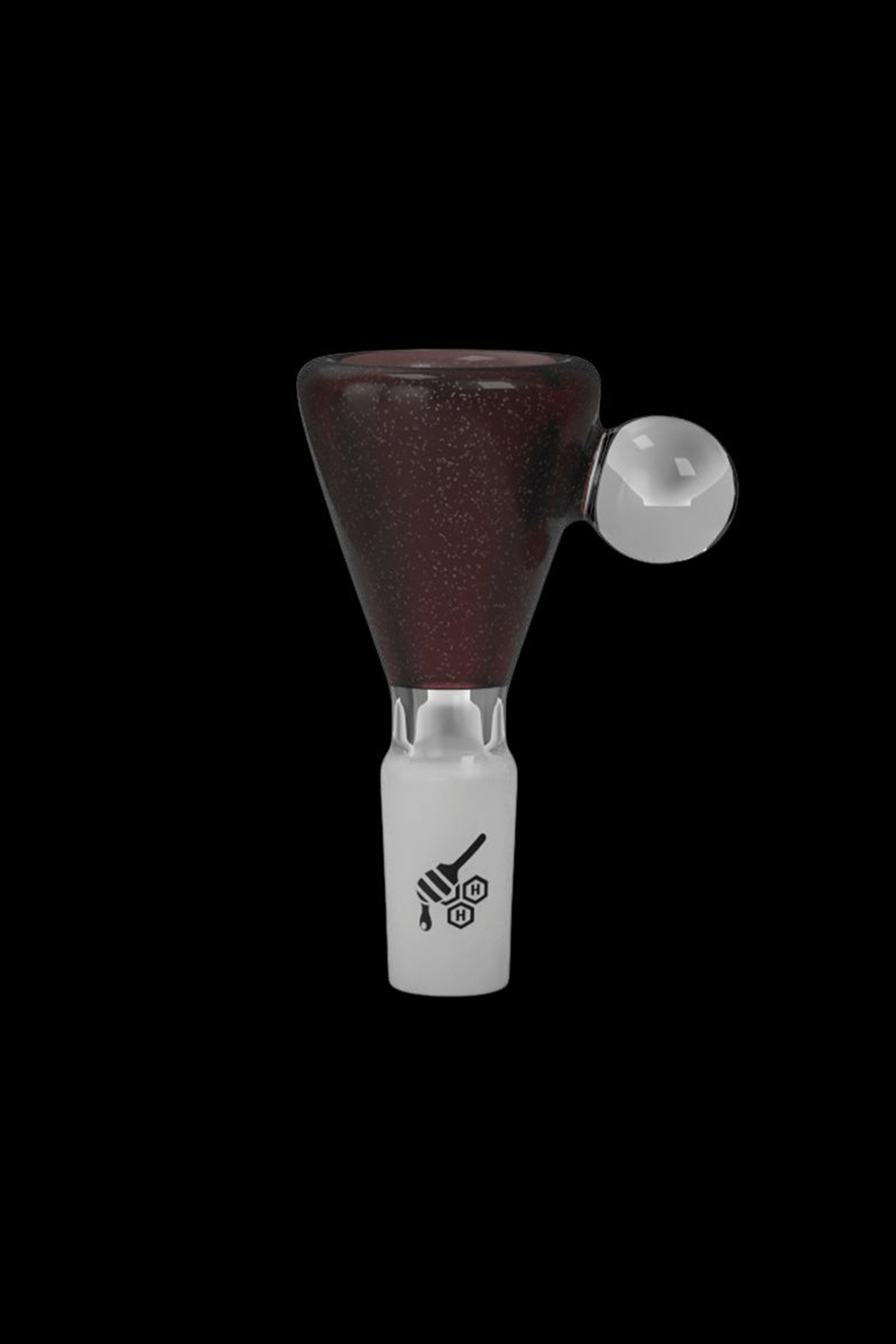 Red glass smoking bowl with white mouthpiece and branded base.