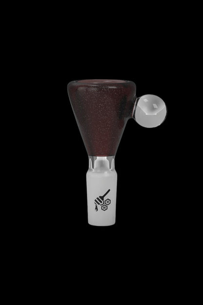 Red glass smoking bowl with white mouthpiece and branded base.