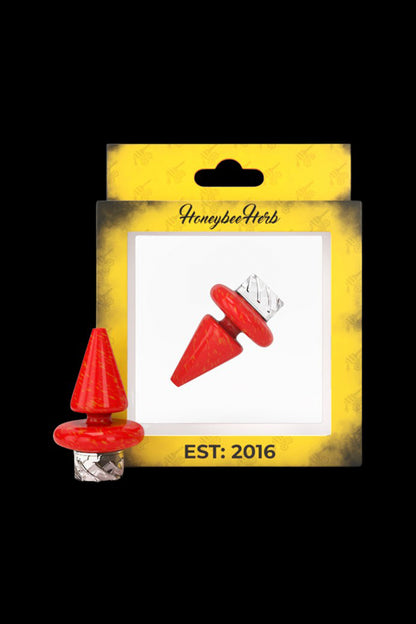 Red glass terp pearl for dabbing, packaged with "Honeybee Herb" branding and "Est. 2016" text.