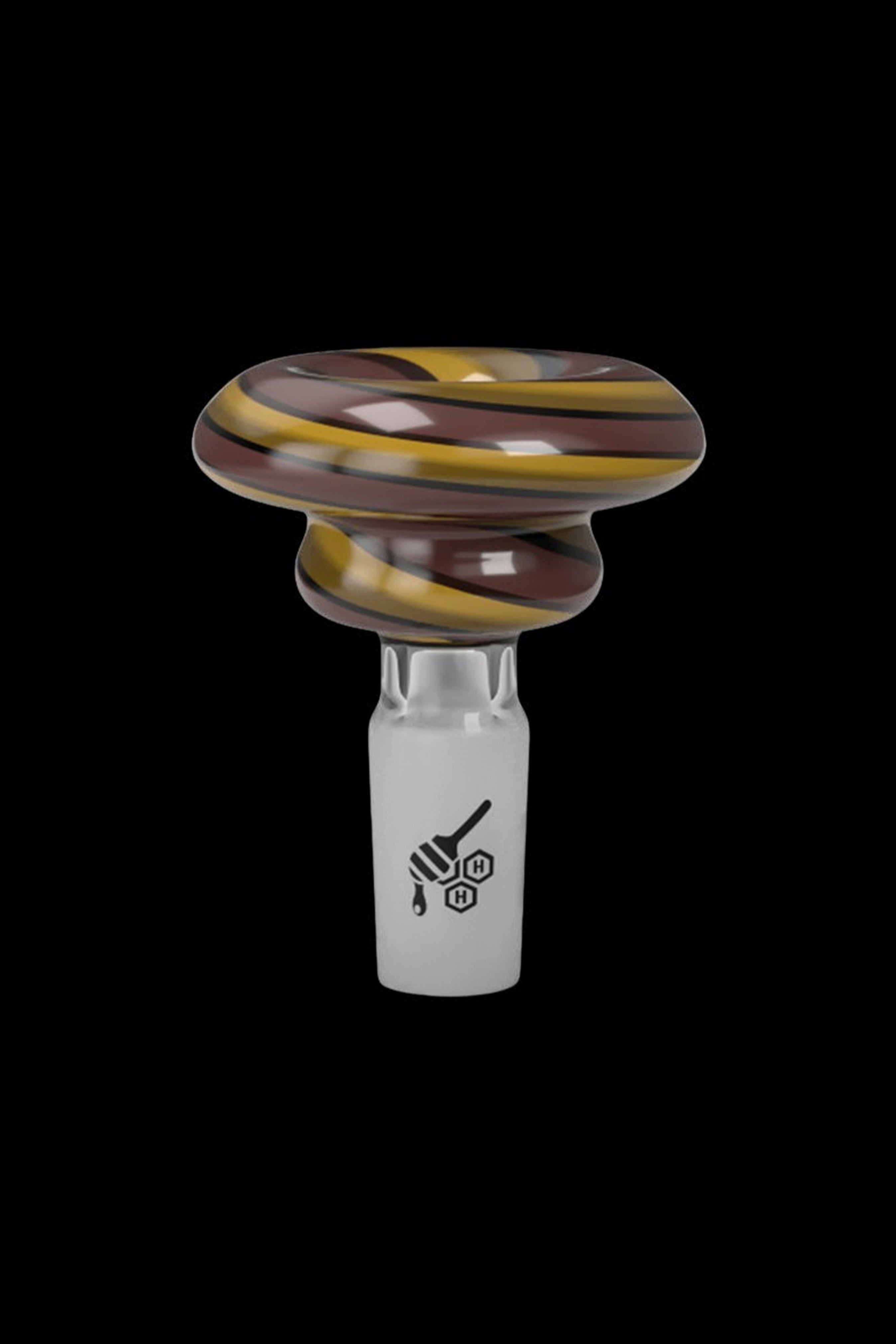 A glass cannabis bowl with swirling amber and brown colors, featuring a branded logo.